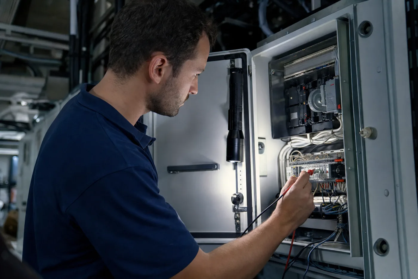 An engineer testing a marine switchboard with a meter
